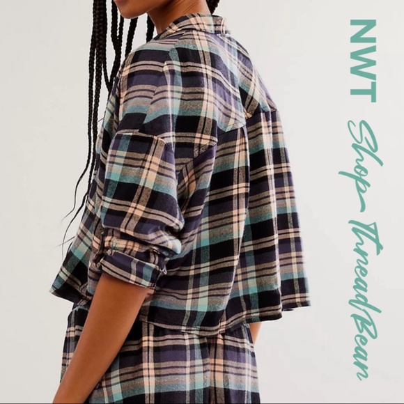 Set! ✵☽Free People☾✵ Blue + Green Plaid NWT Flannel Pajama PJ Short SetXS